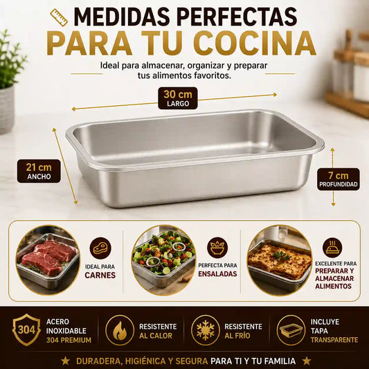 Packs 🥩 Cada Pack Tiene 3 Bandejas De Acero Inoxidable + Tapas 📏 Medidas(22cm Ancho x 30cm de Largo x 7cm de Fondo)